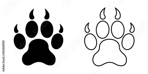 Paw print with claws stamp and icon. Wet or mug wild animal footprint on snow or ground. Mammal step track of cat, dor, lion or panther isolated on white background. Vector graphic illustration.