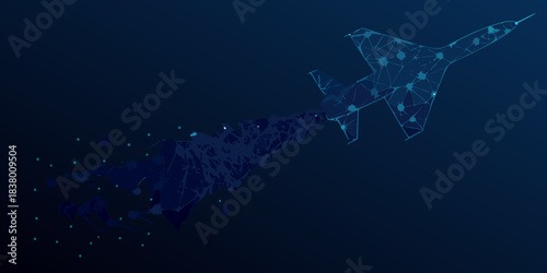 Futuristic jet aircraft constructed from glowing polygonal lines on a dark background