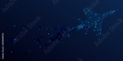 Digital airplane composed of glowing particles soaring through a dark blue background