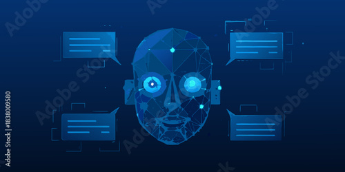 Digital human face constructed from polygons with surrounding chat bubbles