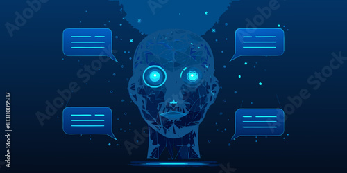 Artificial intelligence concept a digital human head with communication bubbles