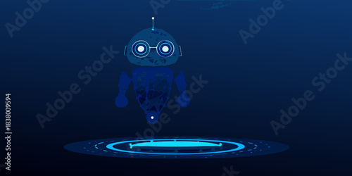 A futuristic blue robot floating in a dark digital underwater environment