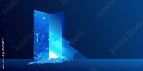 A digital doorway illuminates a dark space with vibrant blue light