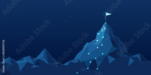 Abstract mountain peak with glowing lights and a flag on top