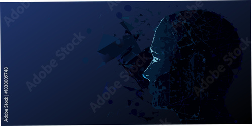A fractured human head silhouette against a deep blue abstract background
