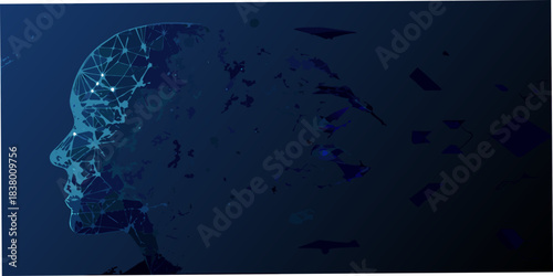 A digital human head composed of glowing lines and fragmented particles