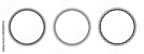 Set of round frames with halftone texture. Circular shapes with dotted, noisy or grainy borders isolated on white background. Decorative design elements. Vector graphic illustration.