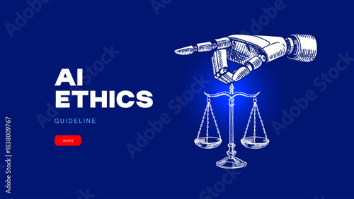 Modern collage of sketch halftone robots hand and law scales. Artificial intelligence regulation. Stop AI message, ethics, legal concept. Vector hand drawn illustration