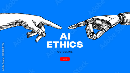 Modern collage of sketch halftone human hand touching robots hand. Fight between human and artificial intelligence. Stop AI message, ethics, legal concept. Vector hand drawn illustration