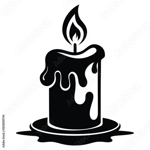 candle with a flickering flame and dripping wax black and white silhouette