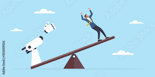 Balancing act a man and robot on a seesaw against a blue sky