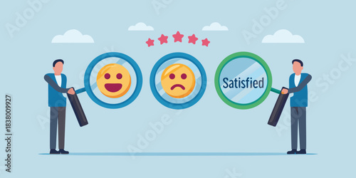 Businessmen presenting customer satisfaction feedback with happy and unsatisfied faces