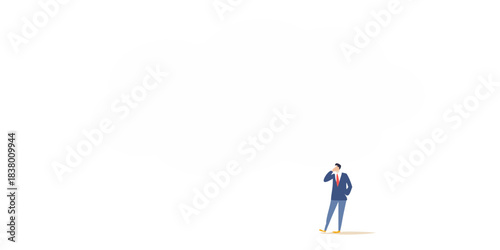 A businessman stands beneath a large white thought bubble on black