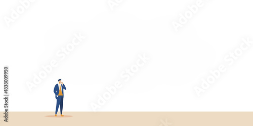 A man in a suit standing near a large white thought bubble