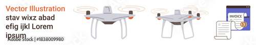 E-commerce, logistics, contactless delivery, quadcopter services, online transactions, digital invoicing. Two Quadcopters in flight alongside an invoice illustration. E-commerce and logistics