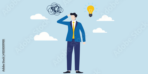 A man contemplates a bright idea emerging from a chaotic thought process