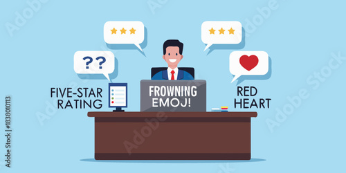 Customer feedback and reviews illustrated with emojis and a frustrated person
