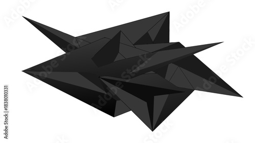 Abstract dark gray geometric sculpture with sharp edges and complex overlapping planes isolated on a solid black background displaying a sense of depth and sharp angularity with dramatic shadow play