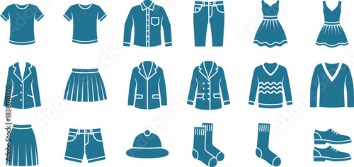 A comprehensive vector collection of fashion clothing items and garments for men and women including shirts, jackets, dresses, pants, and skirts