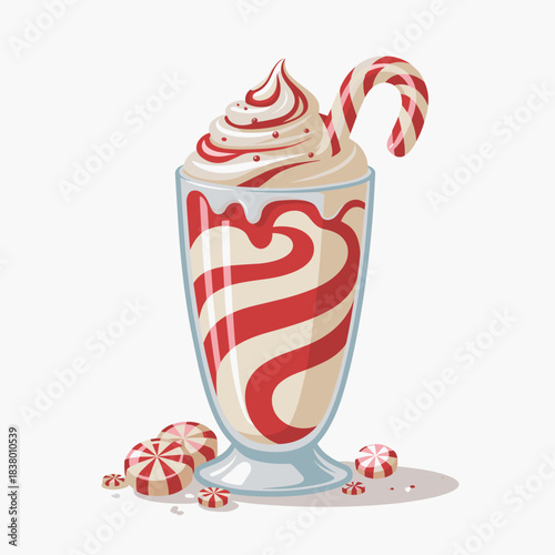 Clean vector art of a peppermint swirl milkshake, seasonal drink.