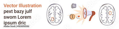 Advertising strategies, neuroscience, messaging impact, promotional ideas, mental focus, target audience. Two brain diagrams, loudspeaker financial icons. Advertising strategies and neuroscience