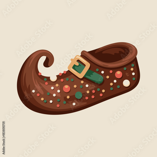 Whimsical elf shoe brownie vector Christmas dessert – Perfect for holiday baking guides, festive party invitations, or children's book illustrations.