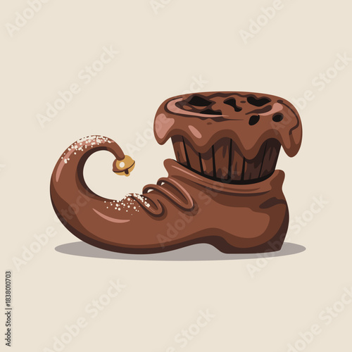 Chocolate brownie elf shoe vector art for Christmas – Suitable for winter holiday graphics, recipe cards, or sweet treat marketing.