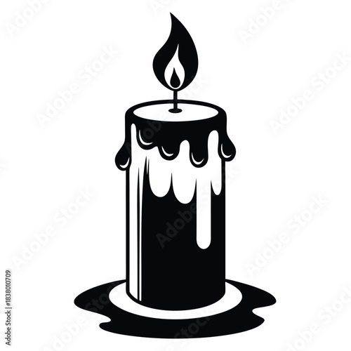 candle with a flickering flame and dripping wax black and white silhouette