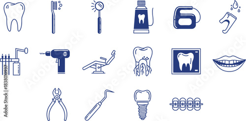 Hand-drawn vector icons set of dental tools and medical health symbols for doctor design illustration