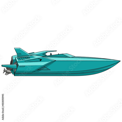 Sleek turquoise speedboat with powerful engine for high-speed water adventures.