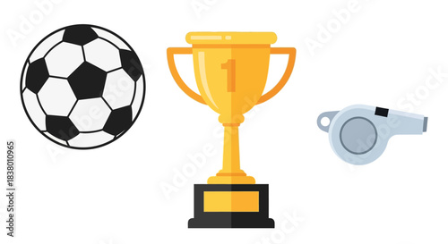 Soccer Ball, Golden Trophy, and Whistle Representing Sports and Victory.