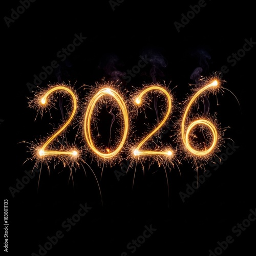 Glowing sparkler numbers 2026 with high contrast and particle texture.
