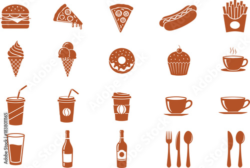Vector icon set for food and drinks including coffee, tea, beer, wine, glass, cup, bottle, sandwich, cake, and ice cream symbols for restaurant and cafe design