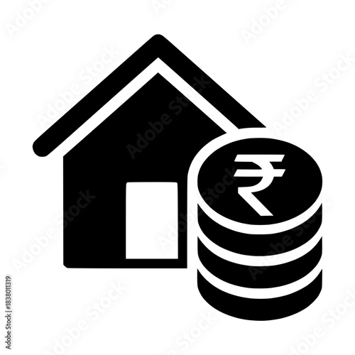 Home and rupee coins icon representing real estate investment, property value, and financial growth