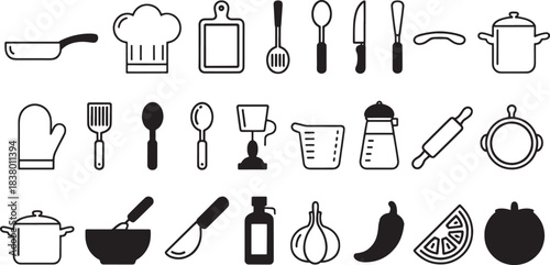 Collection of Black and White Kitchen Utensils and Food Icons cooking tools