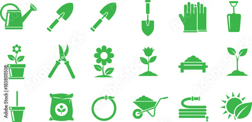 Gardening tools and plants icons set for horticulture watering can shovel