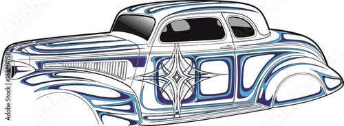 Classic car illustration with decorative blue and white elements