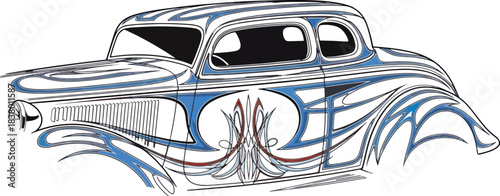 Classic car illustration with decorative blue and white elements