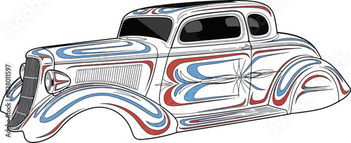 Classic car illustration with decorative colorful details