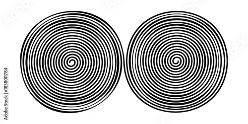 Double doodle spiral shape isolated on white background. Hypnotic psychedelic design. Brain work concept. Whirlpool, dizzy or tornado symbols. Vector graphic illustration.