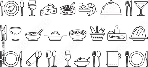 Collection of black line art icons representing food and dining meal cuisine