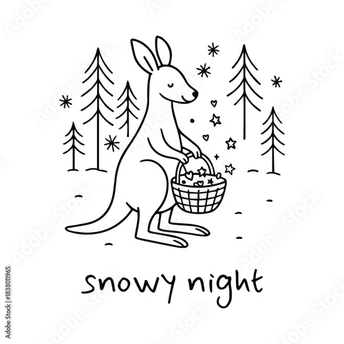 Kangaroo gathering stars in a snowy hush—winter’s basket brimming with quiet wonder and charm, vector