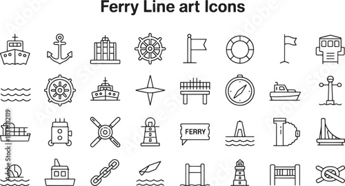 Collection of black outline ferry and nautical icons on white background boat ship