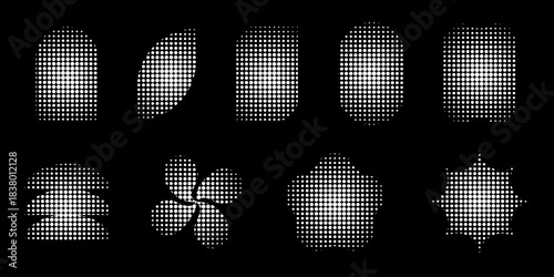 Set of trendy white shapes with halftone, noise or grain texture isolated on dark background. Simple dotted abstract forms. Vector graphic illustrations.