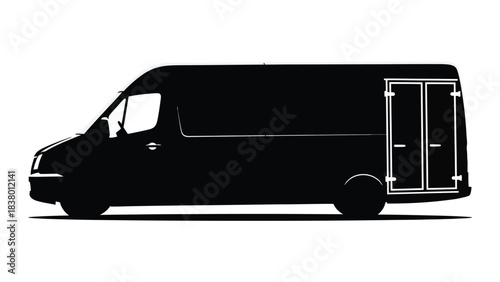 A black silhouette of a modern delivery van with open rear doors