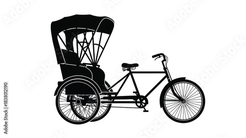 A silhouetted image of a traditional rickshaw with a covered passenger seat