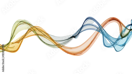 Abstract flowing waves of orange yellow blue and teal colors on a black background with smooth gradient transitions suggesting motion and energy