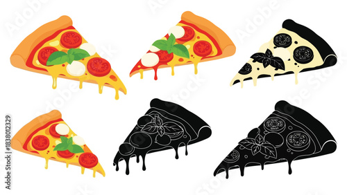Three colorful pizza slices with different toppings and a black silhouette