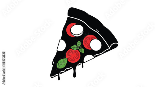 A single slice of pizza with tomato and basil toppings illustrated in black