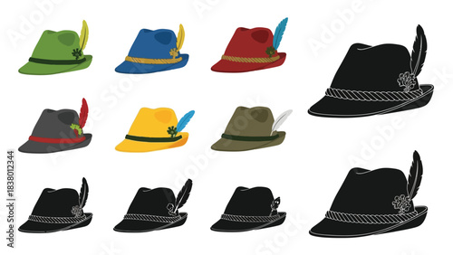 A colorful collection of traditional alpine hats with feather decorations